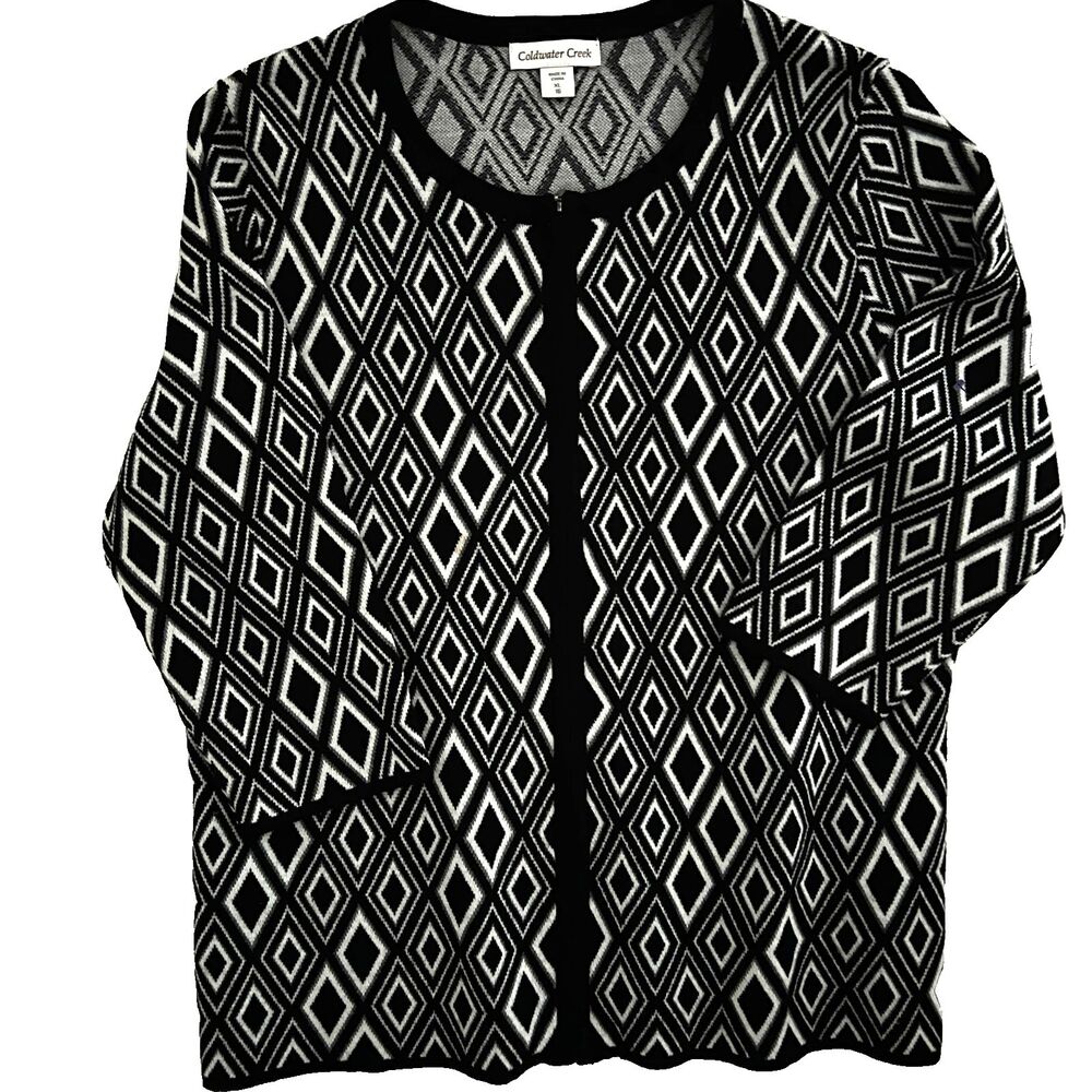 Coldwater Creek Cardigan Sweater 16 Zip up Black White Merino Wool blend